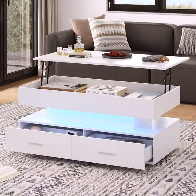 Merax Modern Hydraulic Lift-Top Coffee Table with LED and 2 Drawers in White