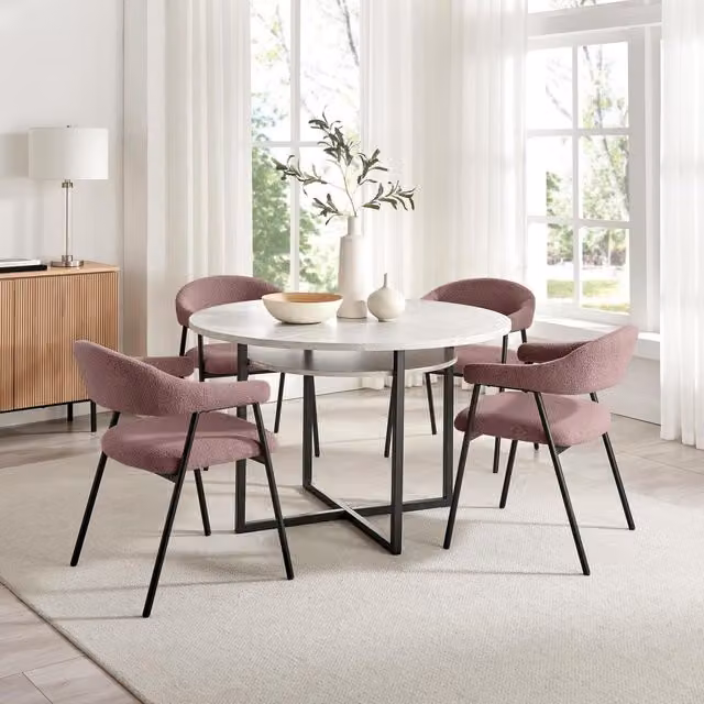 Furniturebox UK Adley Round Grey Concrete Effect Dining Table with 4 Delos Chairs in Dusty Pink