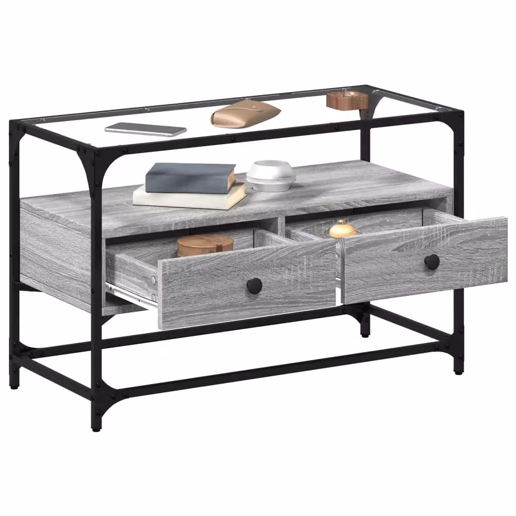 Berkfield Home Industrial TV Cabinet with Glass Top in Grey Sonoma, W/D/H: 80 x 35 x 51 cm – 2