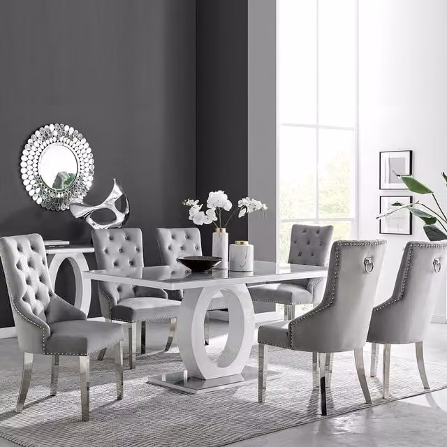 FurnitureboxUK Giovani 6-Seater Grey Glass Rectangular Dining Table and 6 Belgravia Velvet Dining Chairs