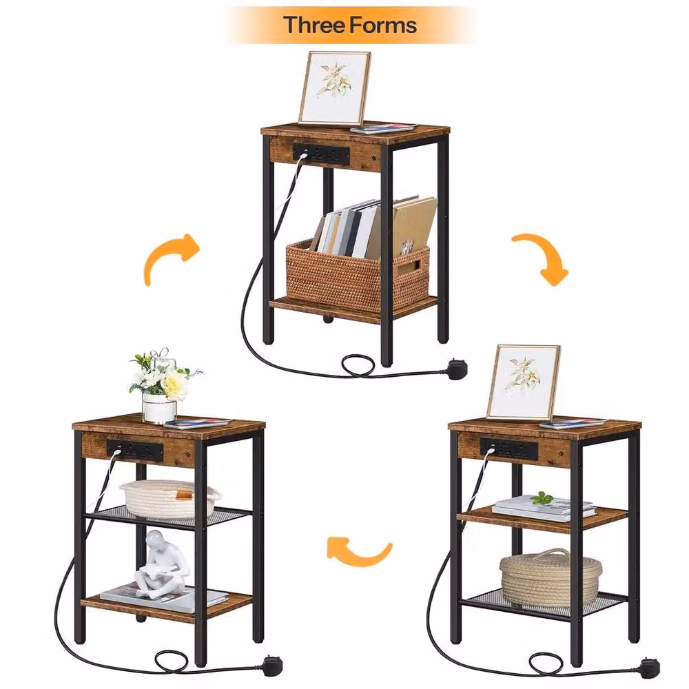 FORGEVIO Brown Rustic Side Table with Charging Station, W/D/H: 38 x 28 x 55 cm – 4