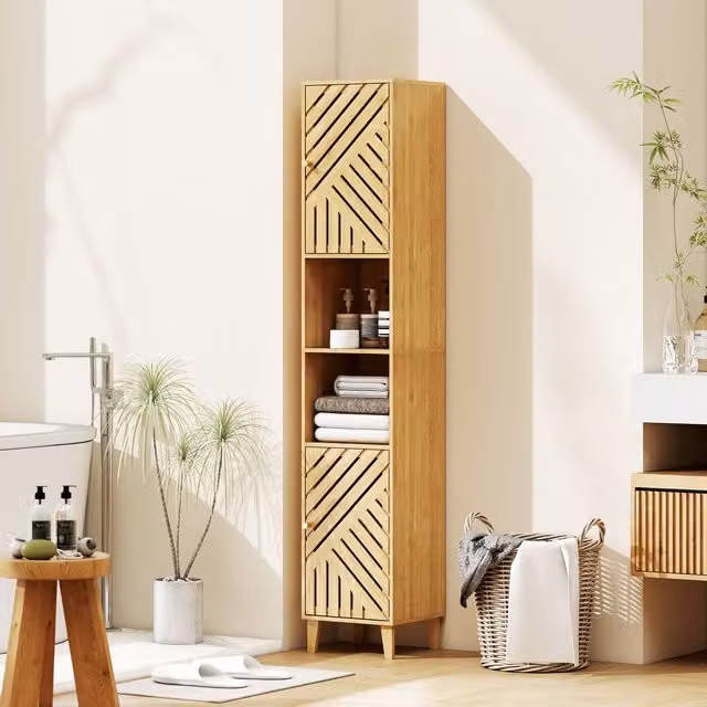 HOMCOM Freestanding Tall Bathroom Cabinet with Hinged Doors and Open Shelves in Brown, W/D/H: 32 x 30 x 170 cm
