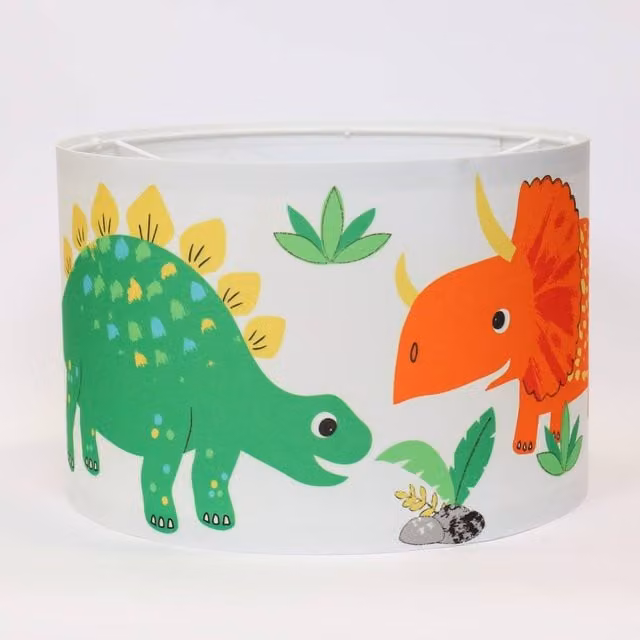Happy Linen Company Dinky Dino Dinosaurs Fabric Pendant Drum Lampshade in White, Diameter: 18 cm, Height: 21 cm