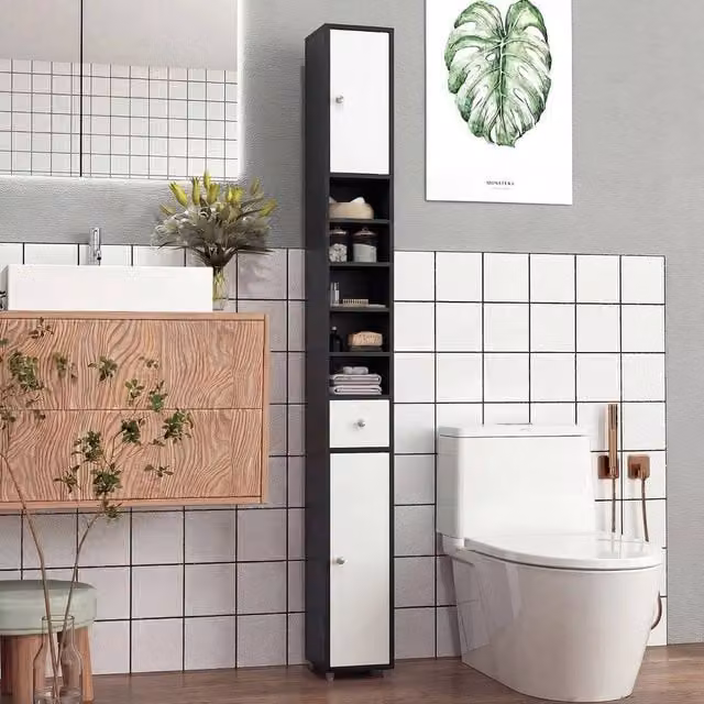 KORVIXA White Slim Bathroom Tall Cabinet with 1 Drawer and 5 Adjustable Shelves, W: 90 cm, H: 75 cm – 1