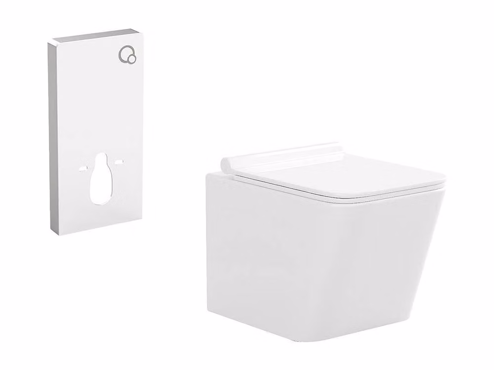 Vente-unique Matt White Wall-Mounted Ceramic Toilet Pack with Decorative Support Frame – 2