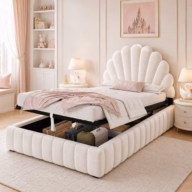 Matteo Single Ottoman Storage Bed with Velvet Princess Shell Headboard in Beige, W/D/H: 90 x 190 cm – 1