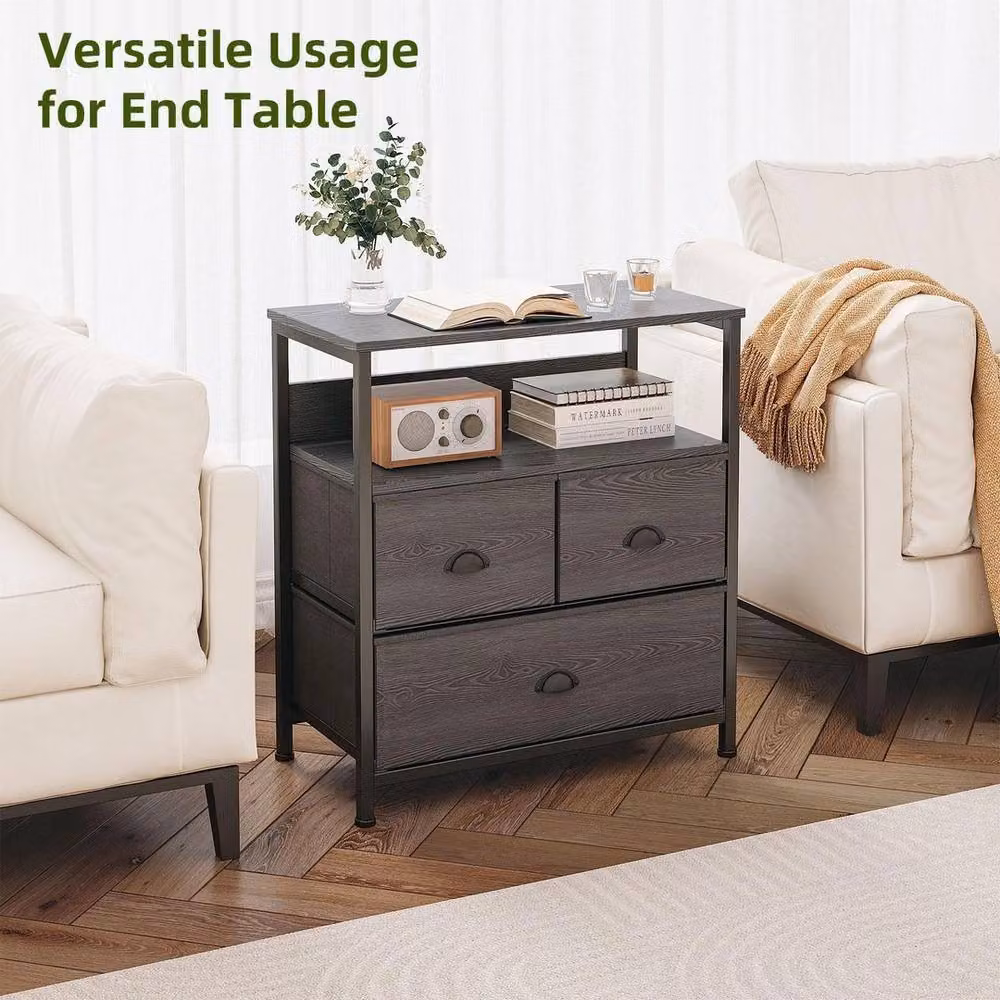 FORGEVIO Modern Black Bedside Table Cabinet with 3 Drawers – 4