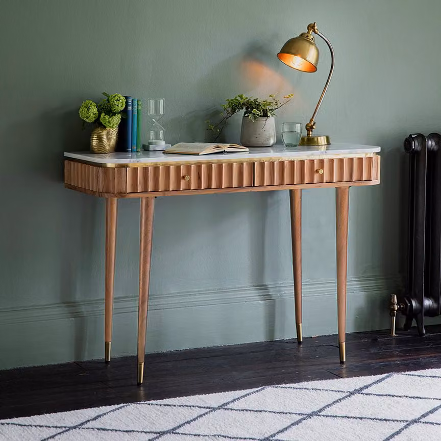 Atkin & Thyme Flute Marble Console Desk with Acacia Wood and Abstract Stone Top