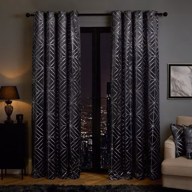 OHS Blackout Velvet Graphic Curtains in Anthracite Grey, Width: 167.64 cm, Height: 228.6 cm