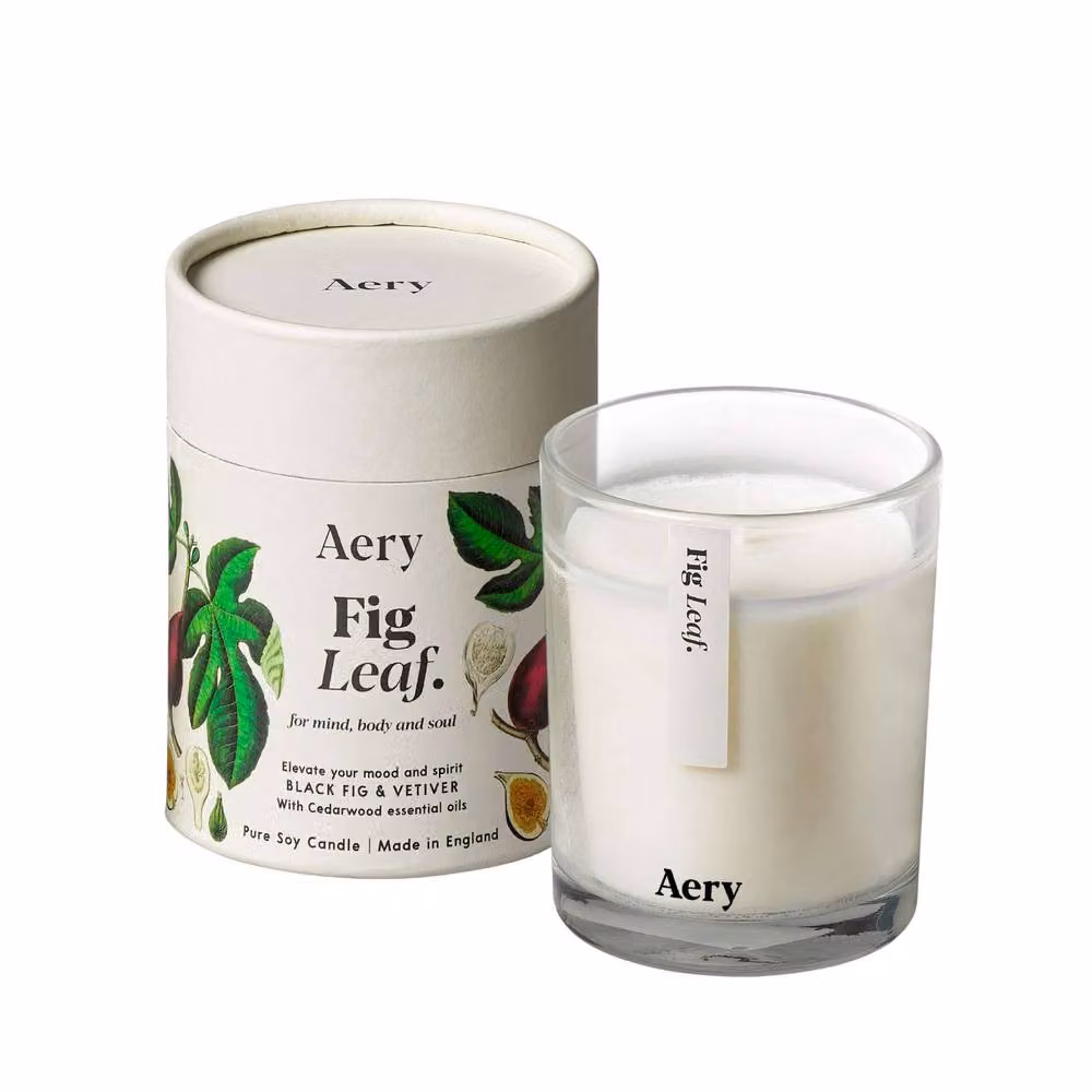 Aery Living Botanical Fig Leaf Glass Pillar Candle, 200g, White and Transparent – 2