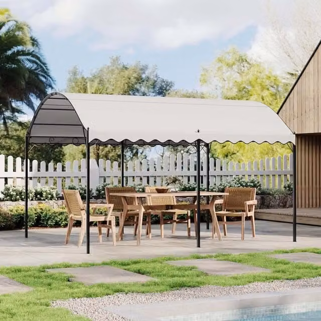 Breeins Metal Garden Pergola with Arched Roof and Sunshade Canopy, Beige/White, W: 400 cm, D: 300 cm, H: 260 cm