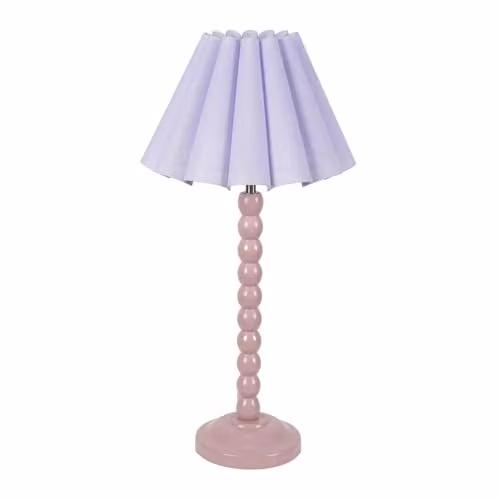 ValueLights Rose Pink Bobbin Stem Table Lamp with Lilac Pleated Tapered Shade and Included LED Bulb
