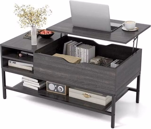 Kelvenix Modern Lift Top Coffee Table in Grey with Metal and MDF Construction – 1