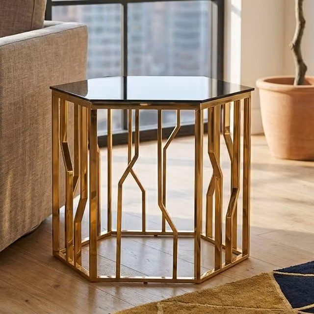 Orsina Modern Hexagonal Side Table in Gold and Black with Glass Top – 2