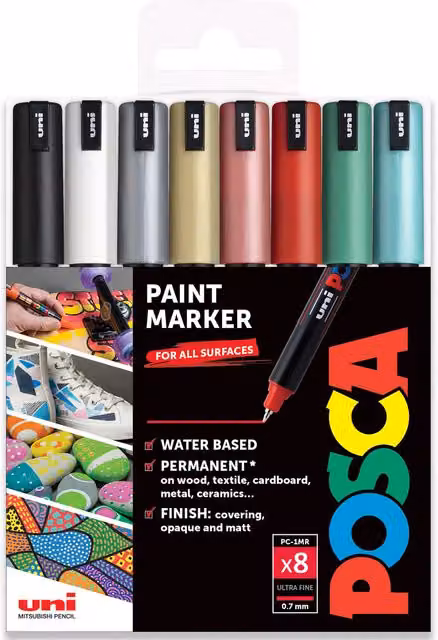 POSCA PC-1MR Paint Marker Art Pens, Christmas Tones, Pack of 8, 0.7mm Fine Tip
