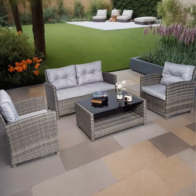 Vinci Luxury Grey Rattan Sofa Set with Table and Armchairs