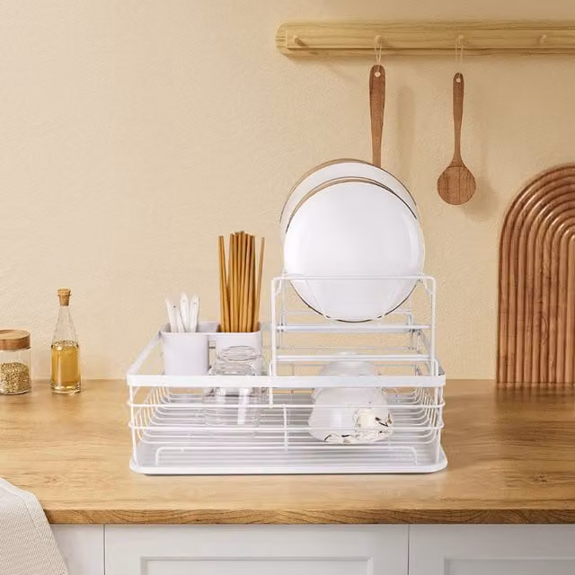 Lifeideas White Coated Steel Kitchen Dish Drainer with Drip Tray and Cutlery Holder