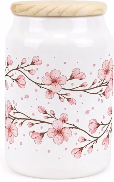 Purely Home Floral Cherry Blossom Ceramic Storage Canister in Pink and White