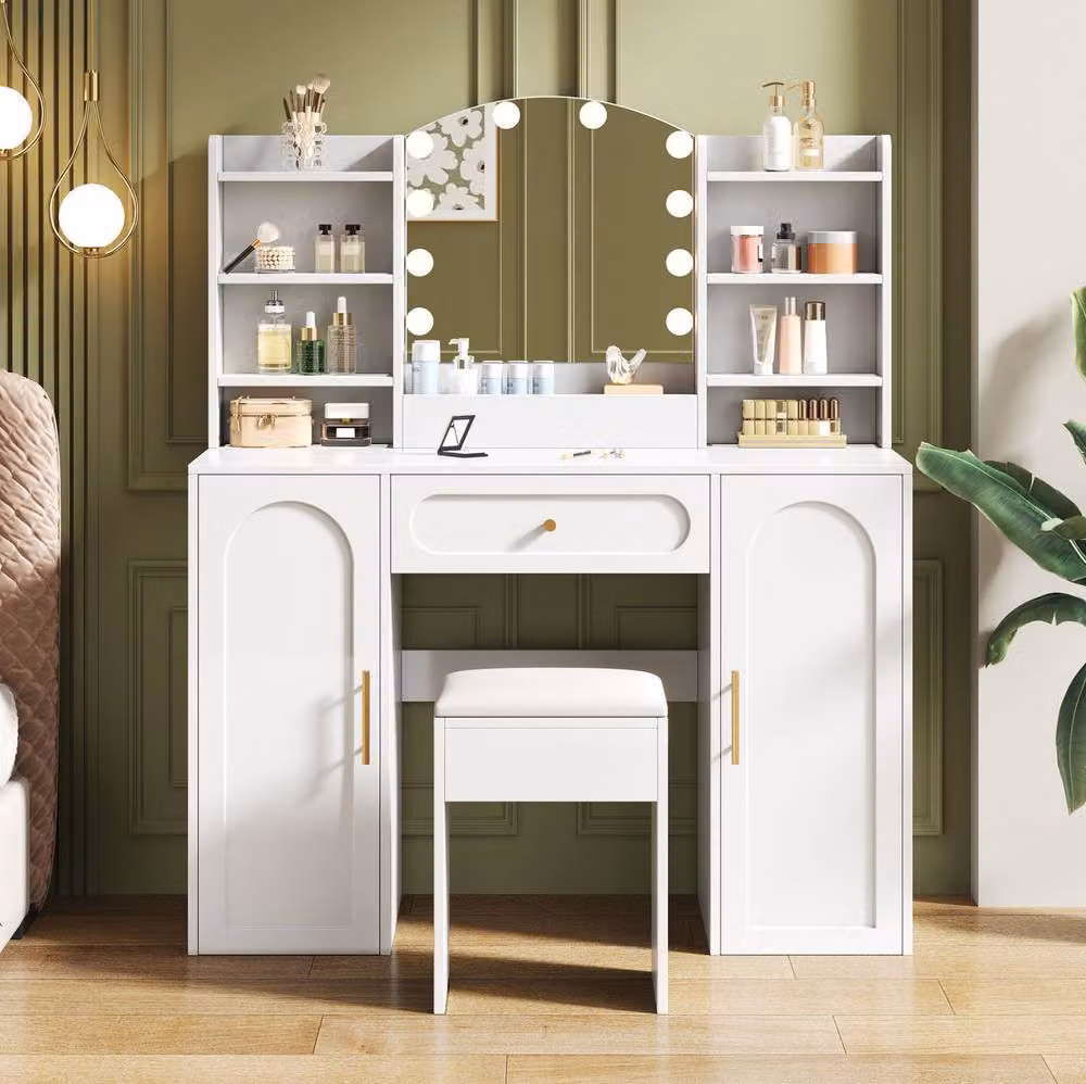 STILVORA Modern White Dressing Table with LED Mirror, Stool and Storage – 3