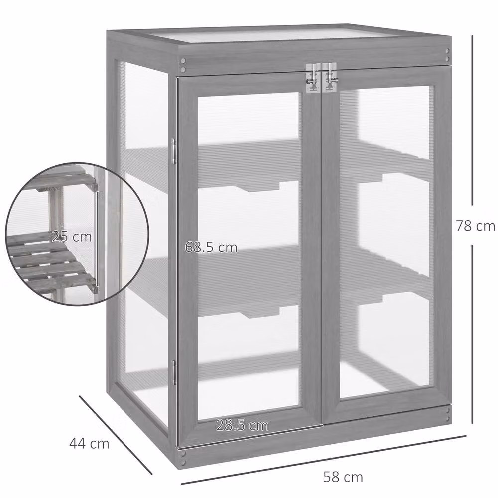 STILVORA Grey Wooden Cold Frame Greenhouse with Shelves and Polycarbonate Panels, W/D/H: 78 x 58 x 44 cm – 3