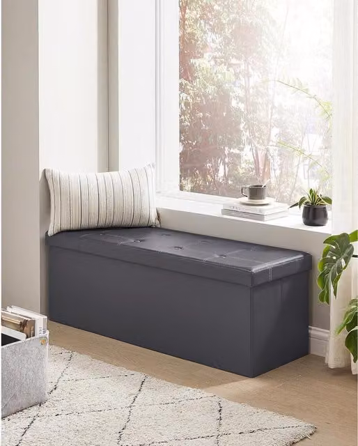 The Bazaarist Storage Ottoman Bench in Dark Grey with Synthetic Leather Padded Seat and Hinged Lid, W: 110 cm, H: 38 cm, D: 38 cm