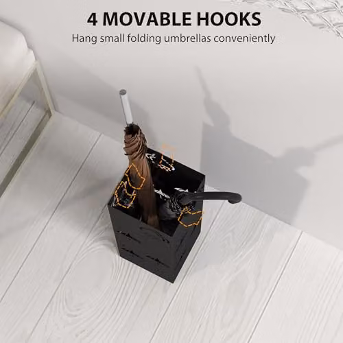 HOMCOM Metal Umbrella Stand with Removable Drip Tray and 4 Hooks, Black, W/D/H: 15.5 x 15.5 x 41 cm – 4