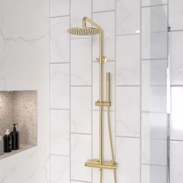 Nes Home Modern Brushed Brass Gold Thermostatic Riser Rail Shower Set with Overhead Rain Shower and Hand Shower