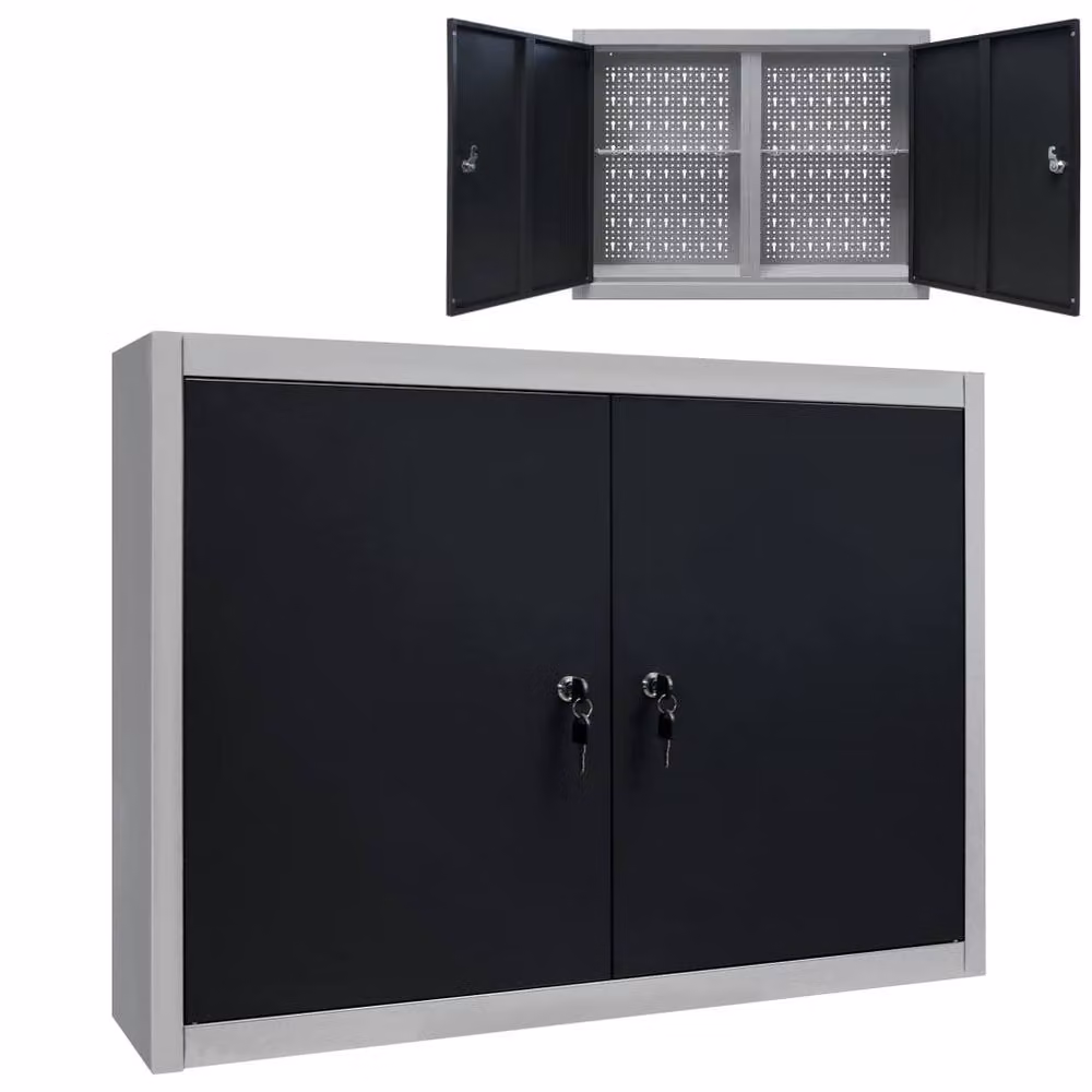 Berkfield Home Industrial Style Wall Mounted Metal Tool Cabinet in Grey and Black – 2