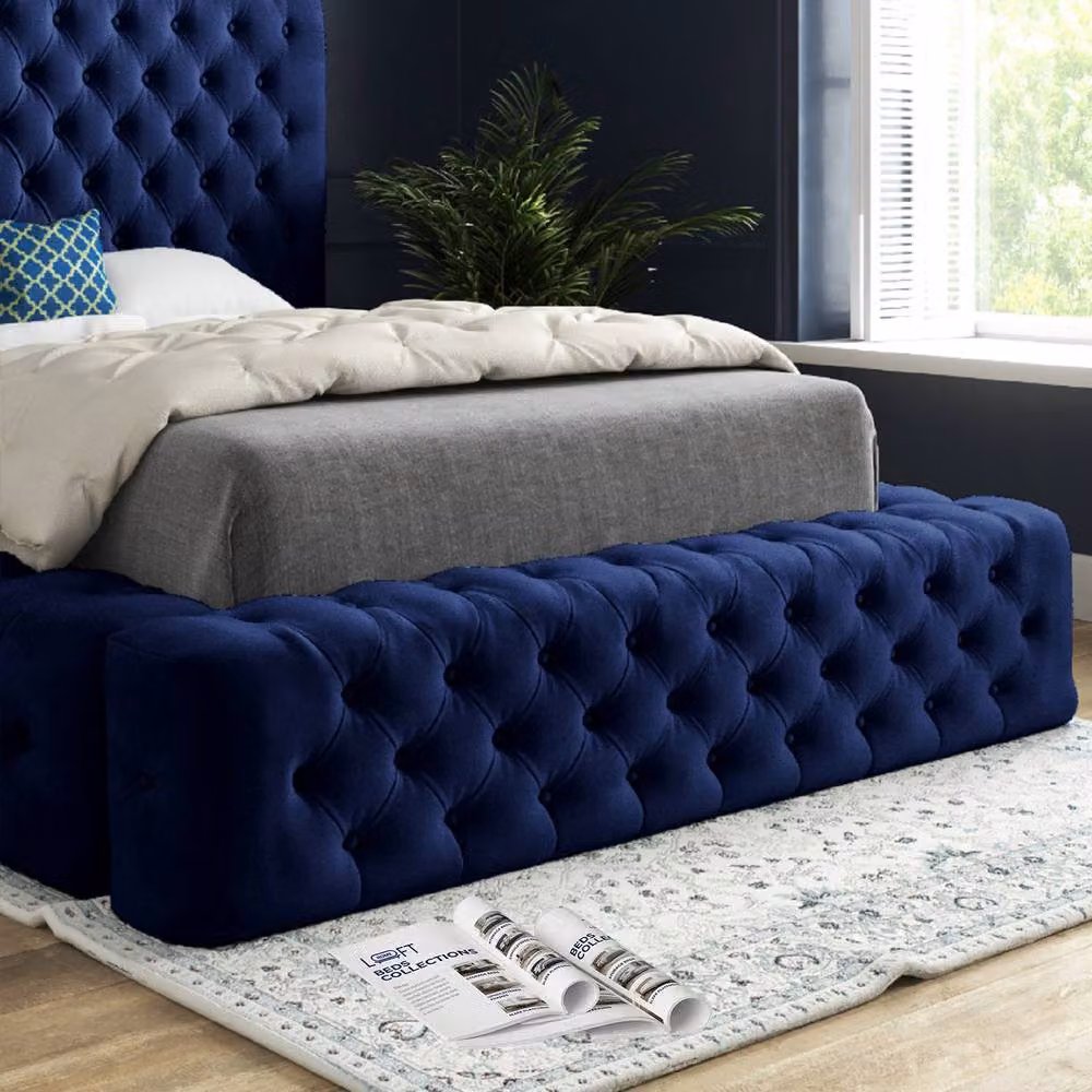 KDMD Lockerbie Blue Velvet Pleated Upholstered Chesterfield Bed Frame, W/D/H: 90 x 200 x 137 cm – 5