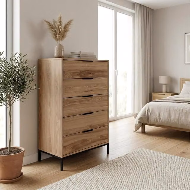 Decortie Mars 5 Drawer Tall Chest of Drawers in Brown Whiskey Oak, H 126.5 x W 70.0 x D 52.65 cm