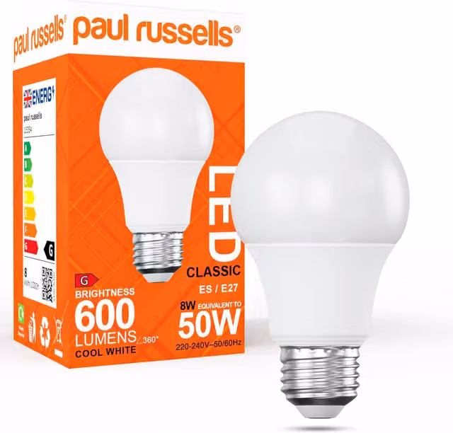 Paul Russells 8W LED E27 Cool White Classic Light Bulb