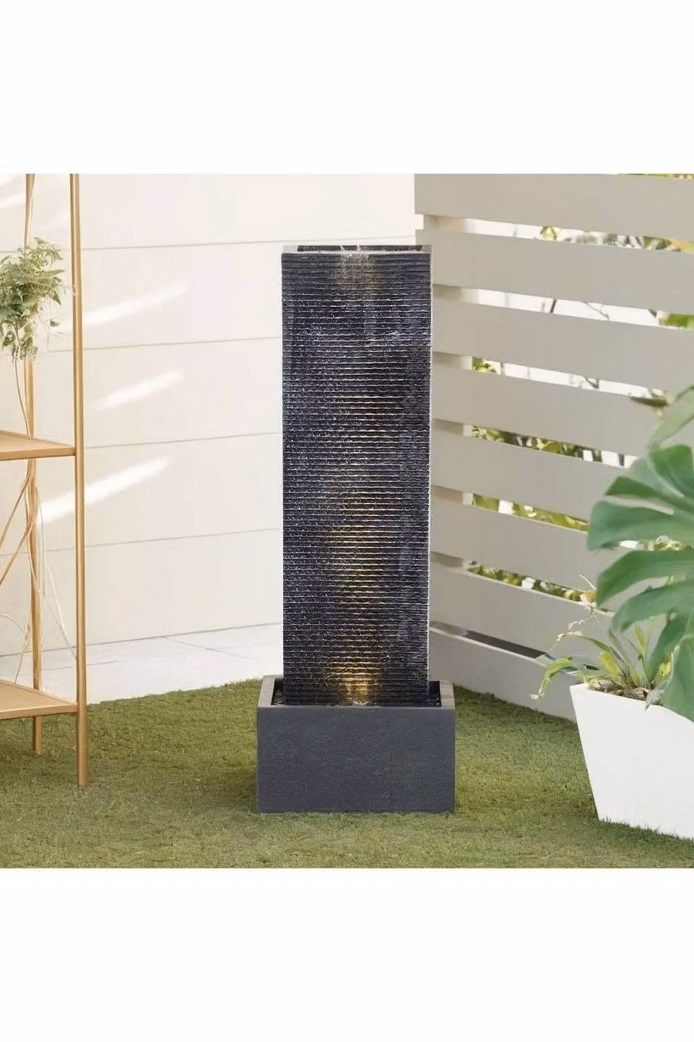 H&O Direct Modern Wall Standing Outdoor Water Fountain in Sand Resin, W/D/H: 34 x 22 x 98 cm – 2