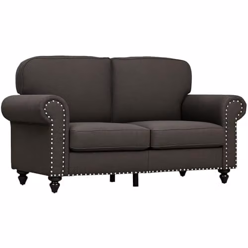 HOMCOM 2 Seater Fabric Sofa with Nailhead Trim and Rolled Arms in Dark Brown – 1
