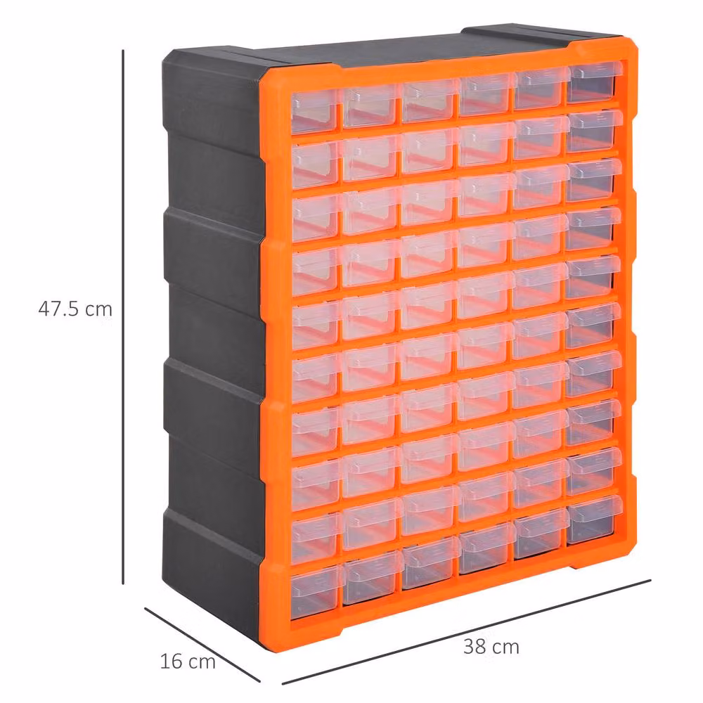 STILVORA 60-Drawer Parts Organiser Cabinet with Transparent Orange Plastic Drawers, Wall Mountable, H: 47.5 cm x W: 38.0 cm x D: 20.0 cm – 4