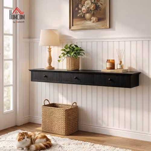 HOMCOM Minimalist Wall-Mounted Floating Shelf in Black – 8
