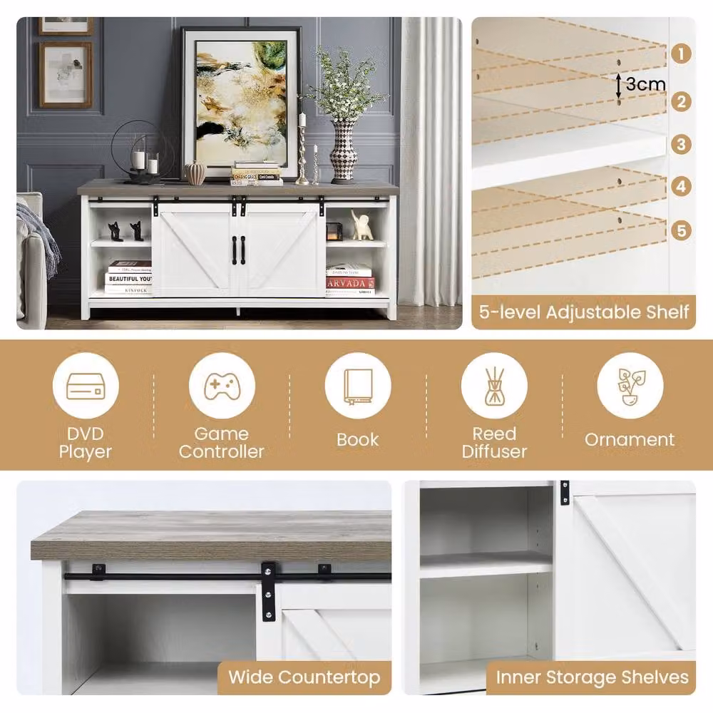 Costway Modern White Wooden TV Cabinet and Media Storage Organiser Stand for 60-Inch TVs – 2