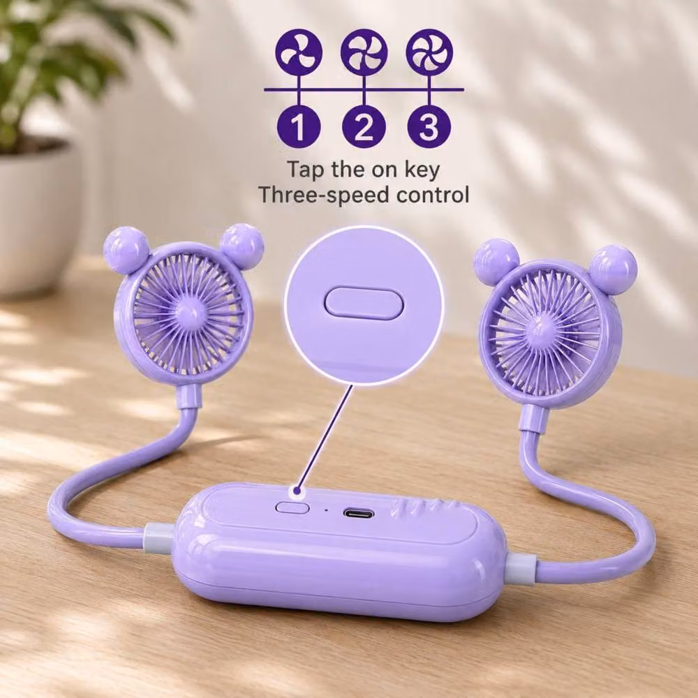 Dyzi Portable Neck Fan, USB Rechargeable, 3 Speeds, Purple – 2