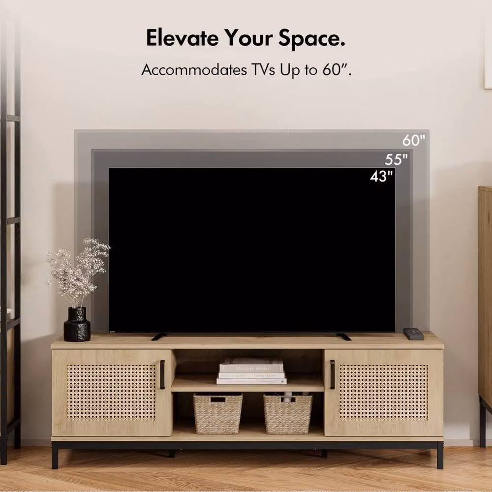 NESTLUNE Brown Rattan Effect TV Stand for Living Room, W: 100 cm, D: 15 cm – 4