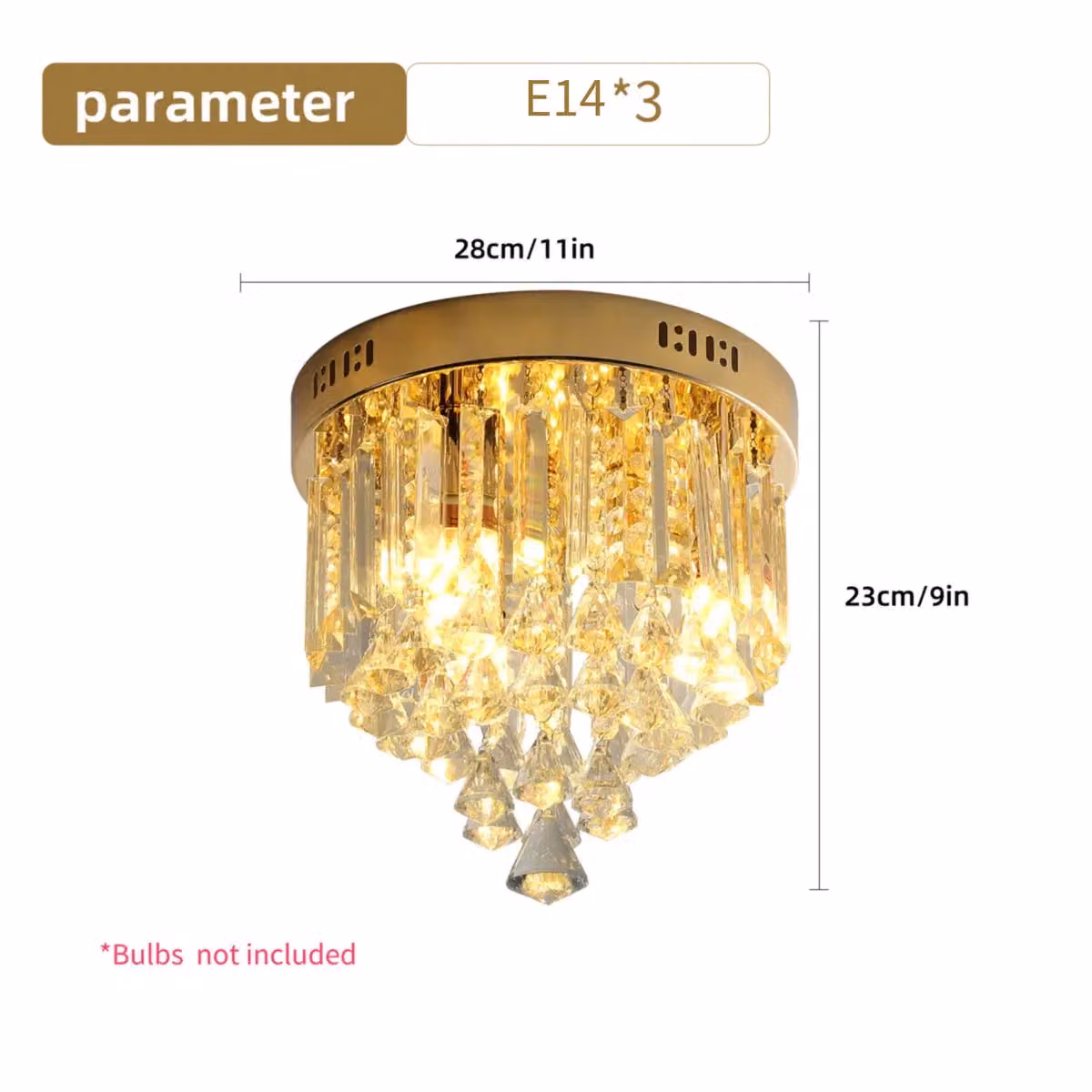 Garwarm 3-Light Crystal Dimmable Flush Mount Ceiling Light in Gold/Brass, Diameter: 28 cm – 4