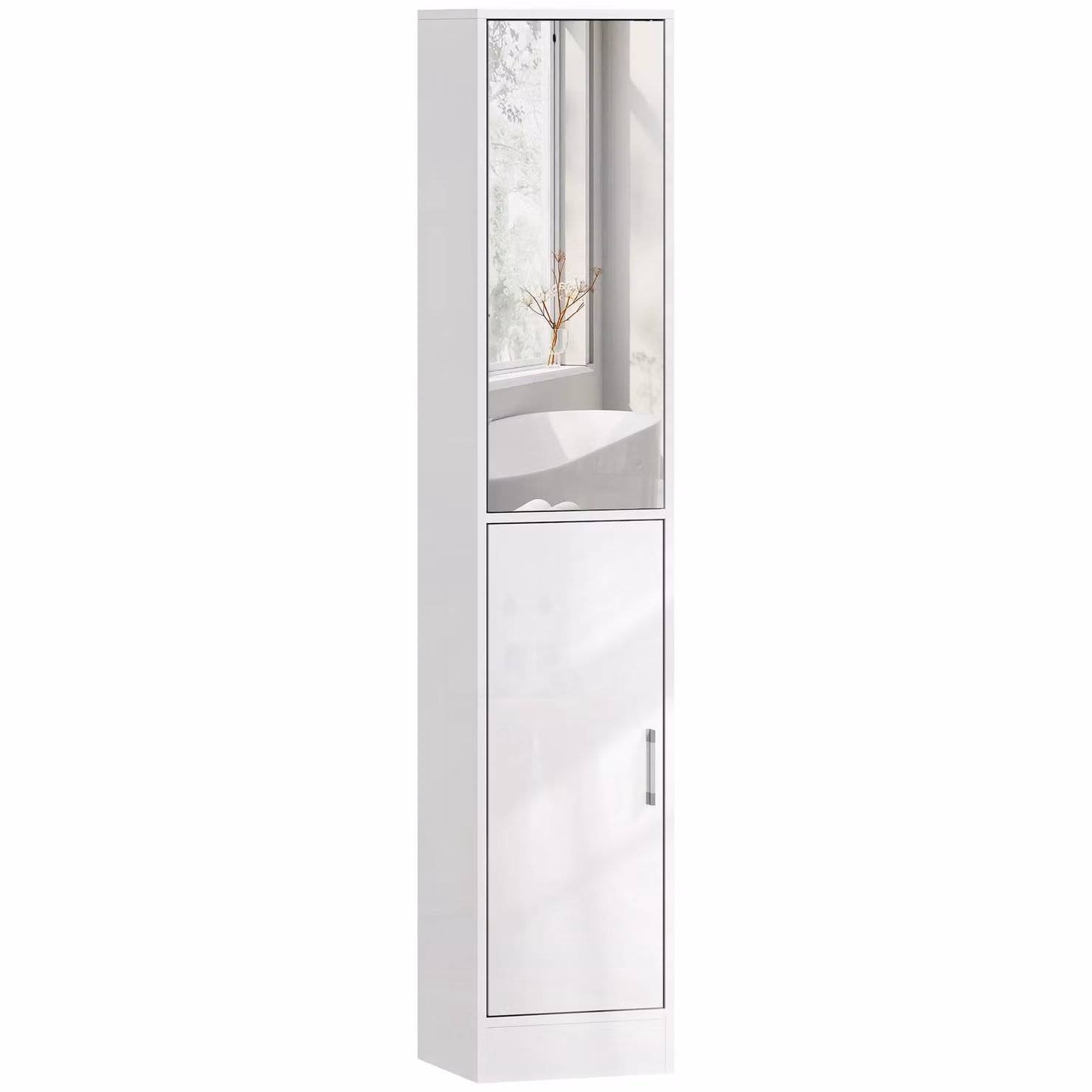 Kleankin Tall Freestanding Bathroom Cabinet with Mirror and Internal Shelves in High Gloss White – 2