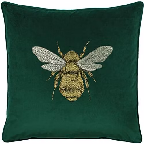 Paoletti Hortus Embroidered Bee Velvet Cushion in Green, W/D/H: 50 x 50 x 50 cm