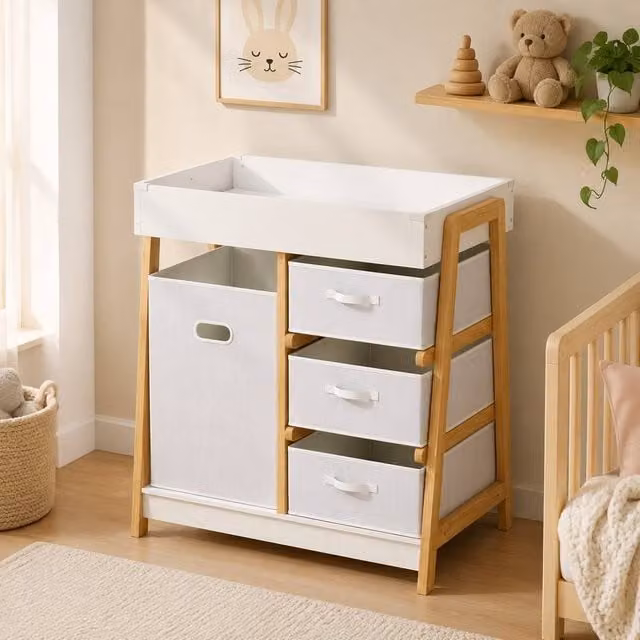 STILVORA White Pine Baby Changing Table with 3 Drawers and Integrated Storage Bins