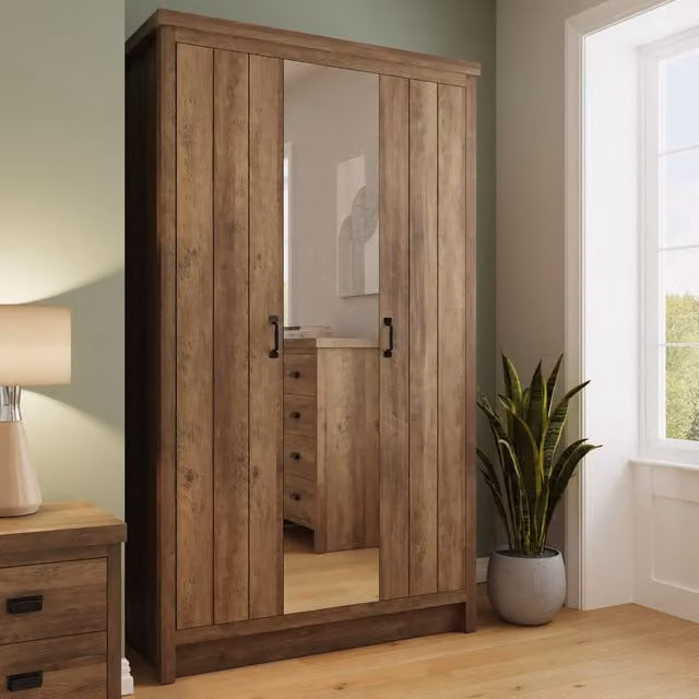 GFW Boston 3 Door Mirrored Wardrobe in Knotty Oak