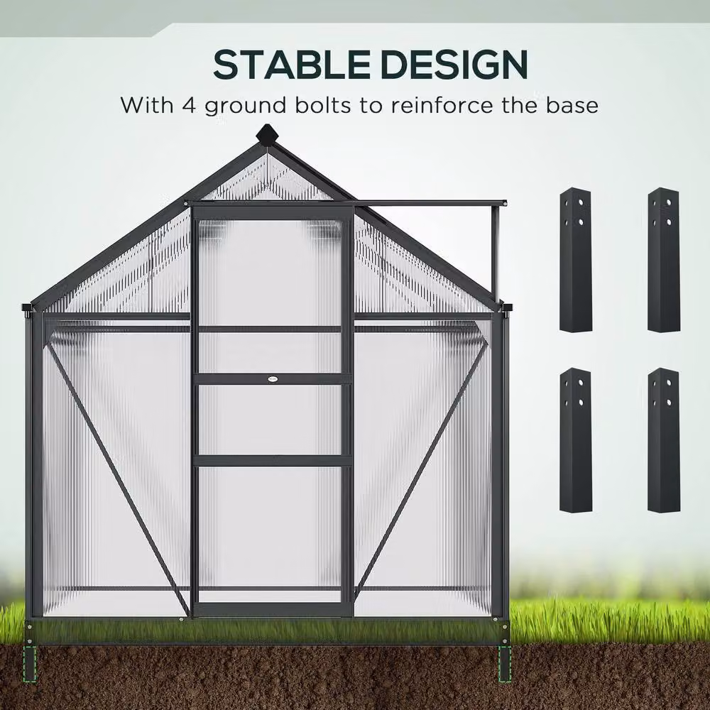 STILVORA Grey Walk-In Greenhouse with Aluminium Frame, Polycarbonate Panels, Sliding Door, Window and Rain Gutter, W/D/H: 201 x 121.92 x 132 cm – 4
