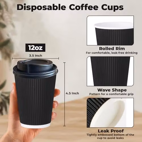 ECONX 100 Pack Disposable Triple Wall Paper Coffee Cups with Lids, 12oz, Black – 3