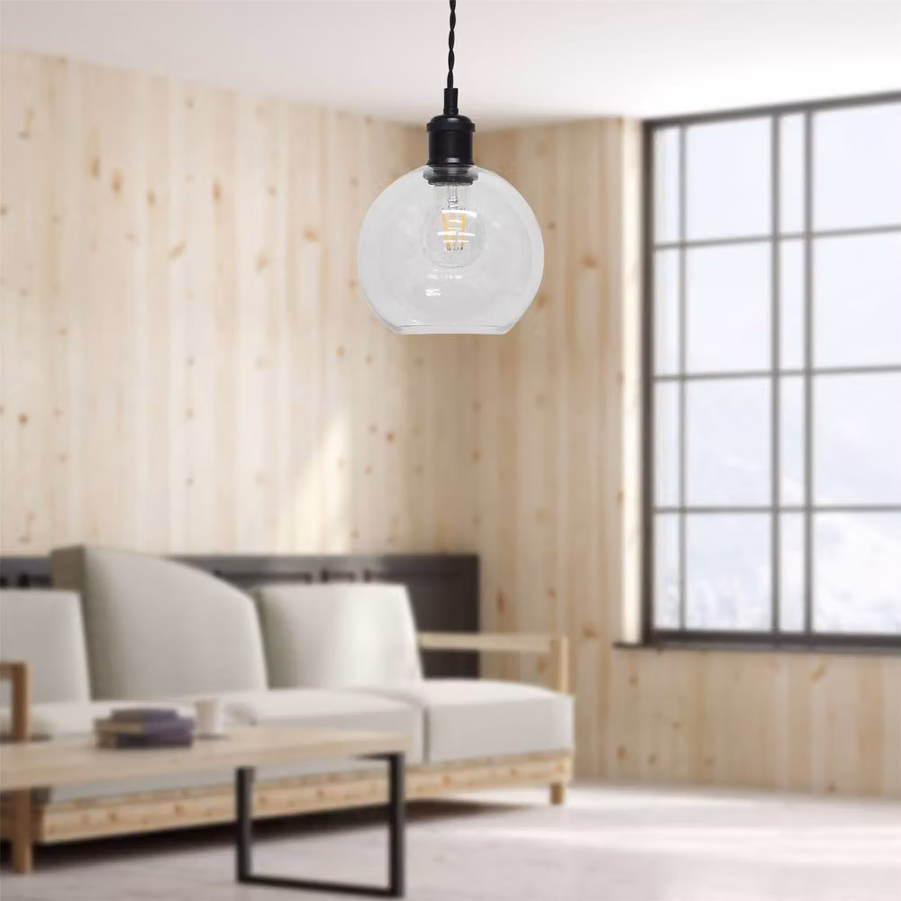 First Choice Lighting Barnum Retro Pendant Fitting with Black Metal and Transparent Glass Sphere – 2