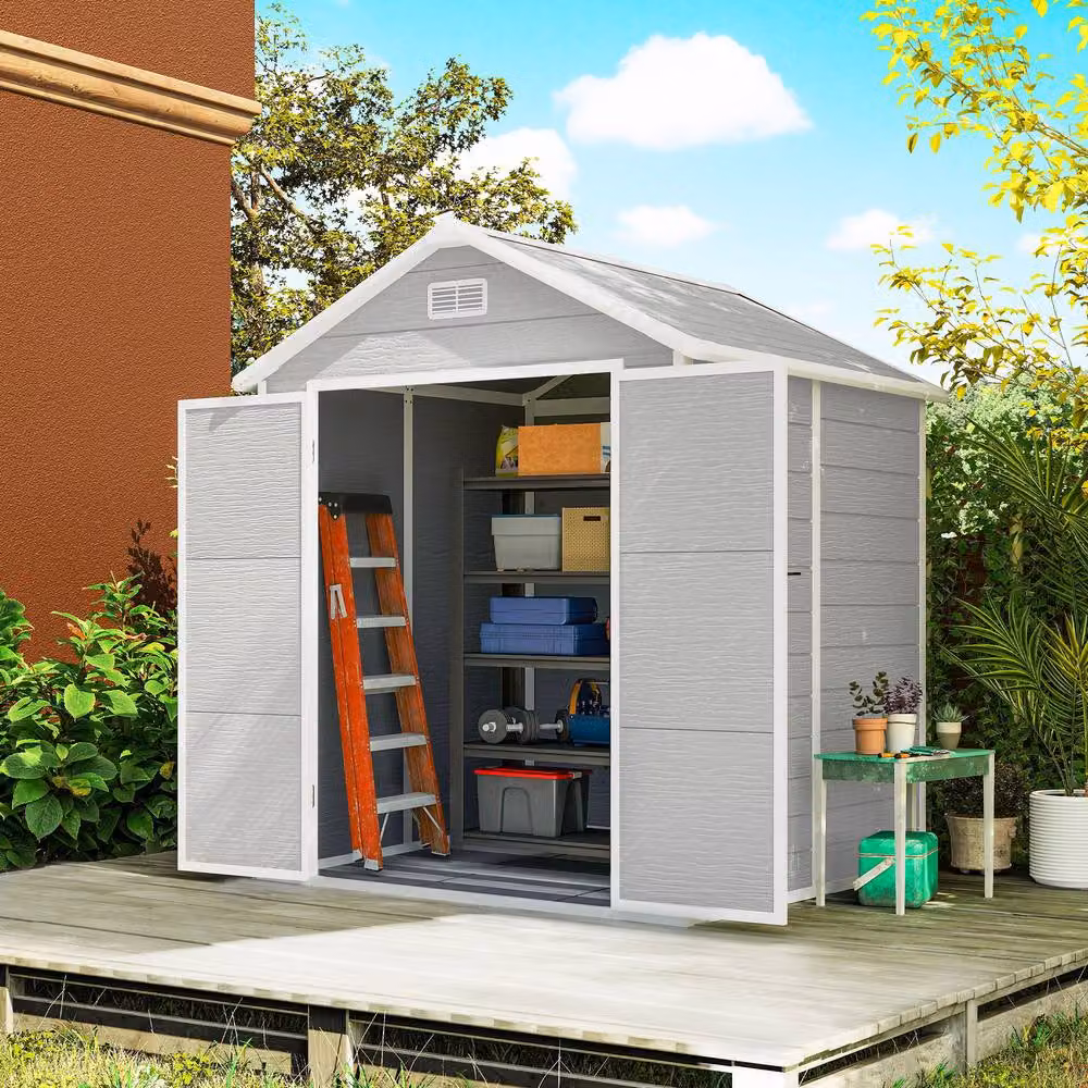 Rolipo Plastic Garden Shed with Floor, Window and Lockable Doors, Light Grey, W/D/H: 182 x 151 x 219 cm – 2