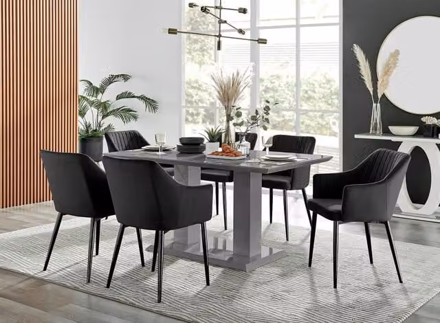 FurnitureboxUK Imperia High Gloss Grey Rectangular Dining Table and 6 Calla Black Leg Chairs, W/D/H: 150 x 90 x 75 cm