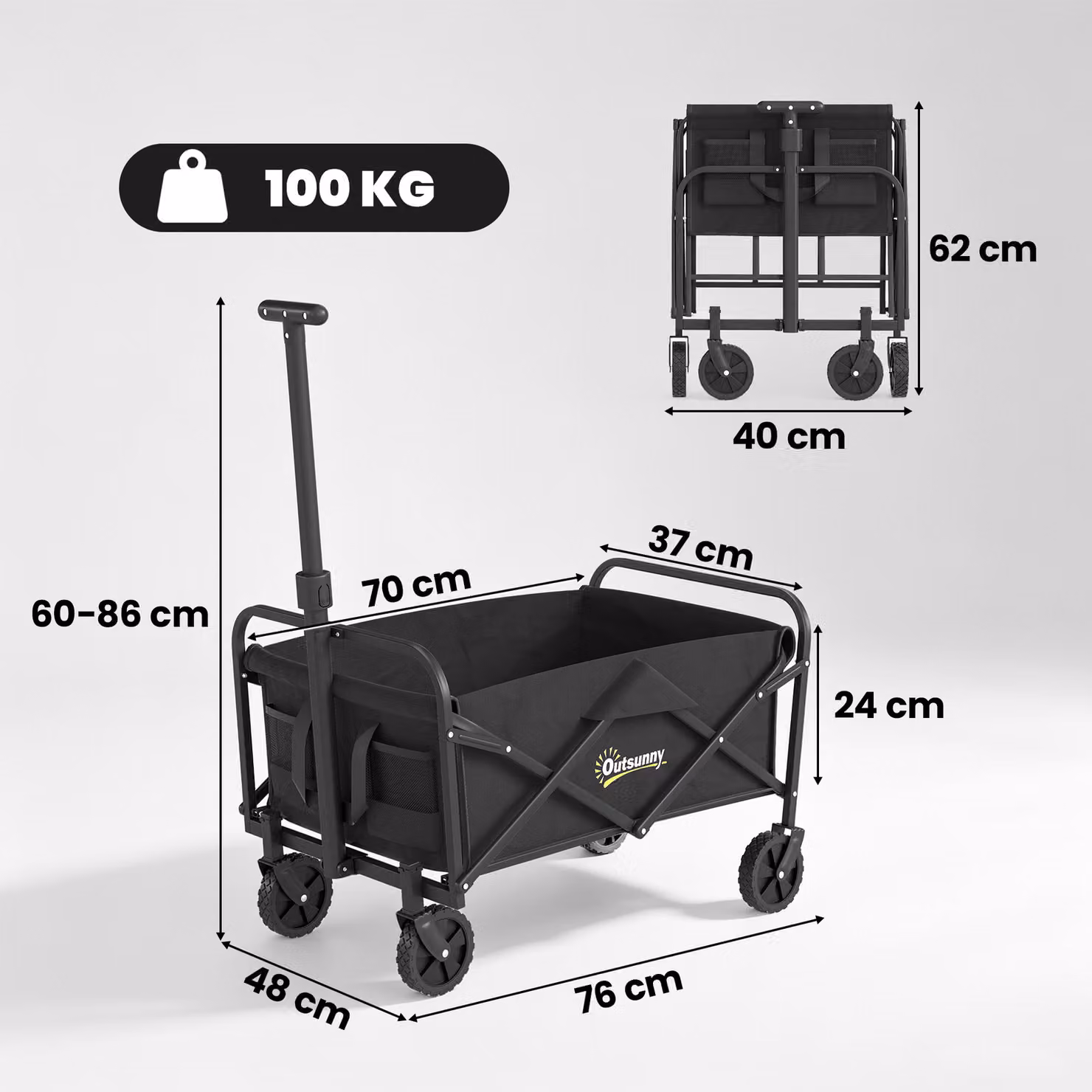 Outsunny 62L Heavy Duty Folding Festival Trolley with Adjustable Handle and Carrying Bag, Black – 3