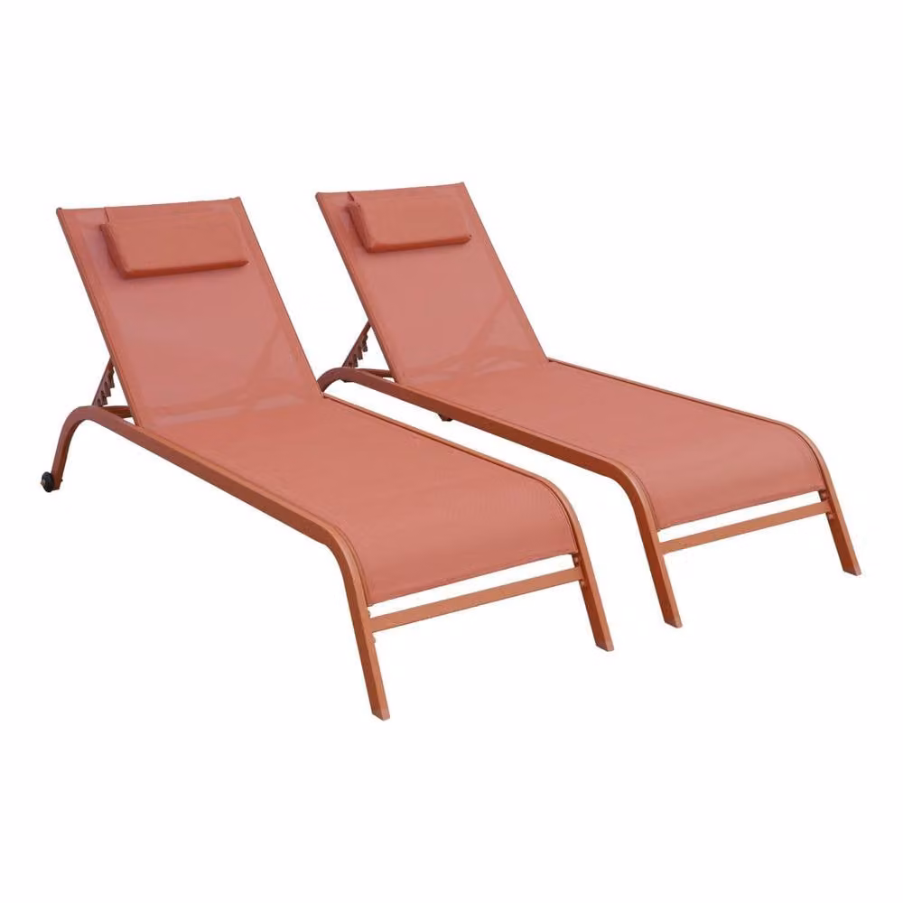 sweeek Set of 2 Multi-Position Steel Sun Loungers with Weatherproof Cushions and Castors in Terracotta – 2
